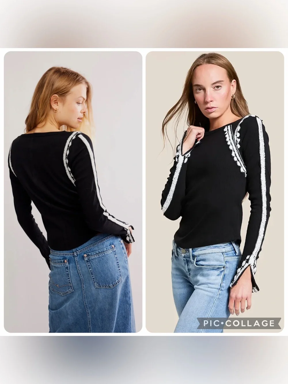 NWT new XS Free People lost love Long-Sleeve Top black White boatneck embroidery